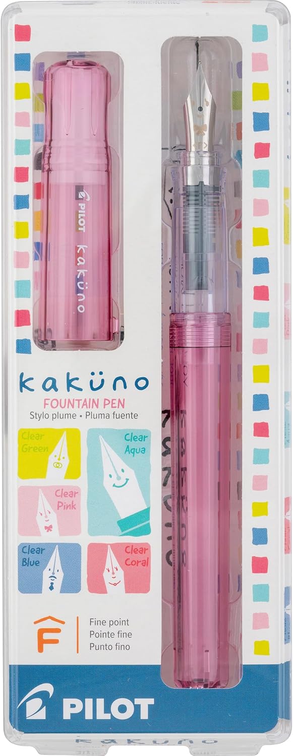 Pilot Kakuno fountain pen in pink — beginner-friendly with a smooth nib and smiley-face engraving
