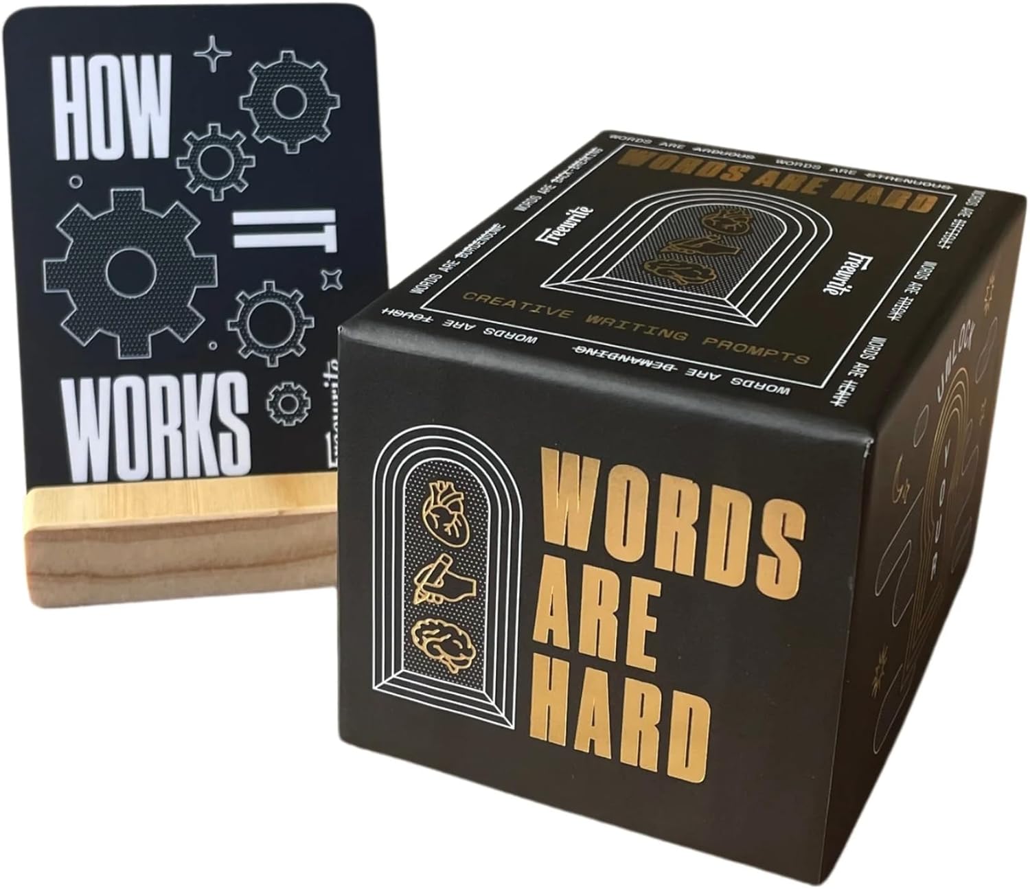 Astrohaus Freewrite writing prompt deck with 150 prompts across 8 genres and a wooden stand